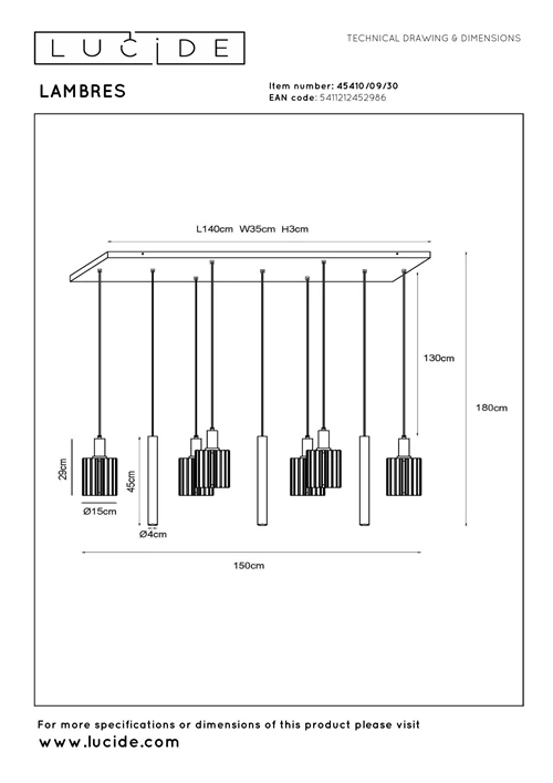 Lucide LAMBRES - Suspension - 6xE27 - Noir - technique